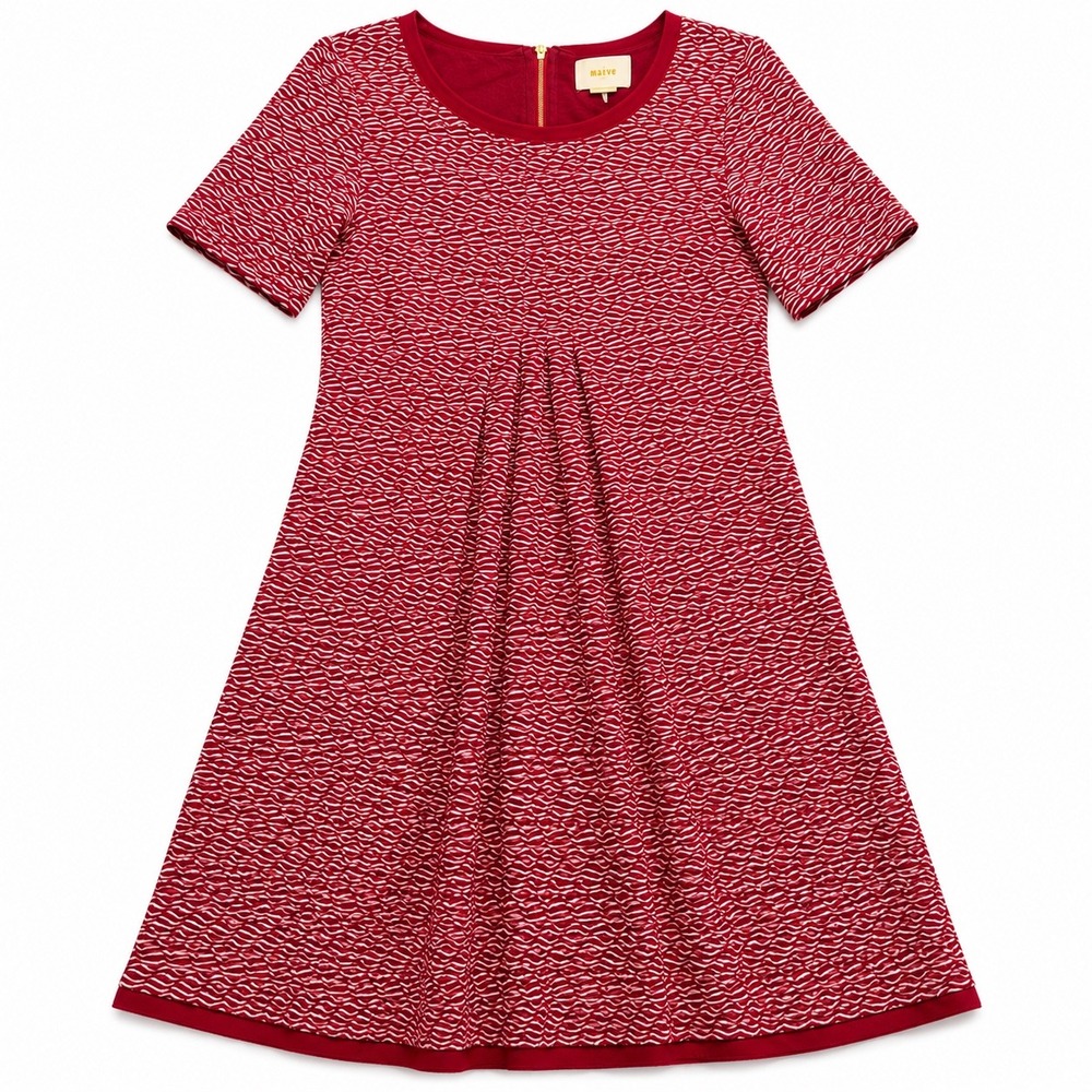 Maeve‎ Anthropologie Red White Textured Wave Pleated Shift Mini Dora Dress XS